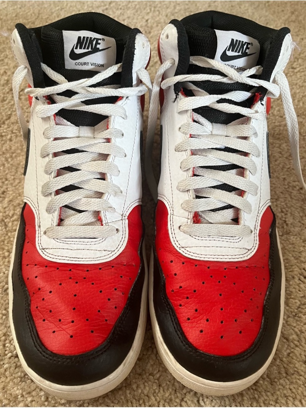 Nike White Red Black Court Vision Mid Sneakers